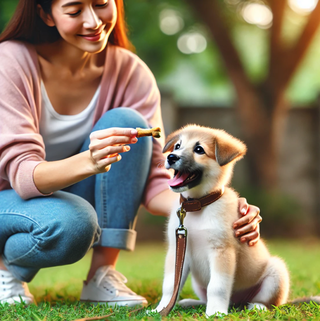 a puppy being rewarded Owner rewarding puppy after successful potty training