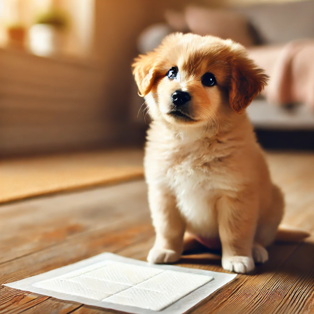 a puppy sitting next to potty pad Puppy sitting near pee pad during potty training