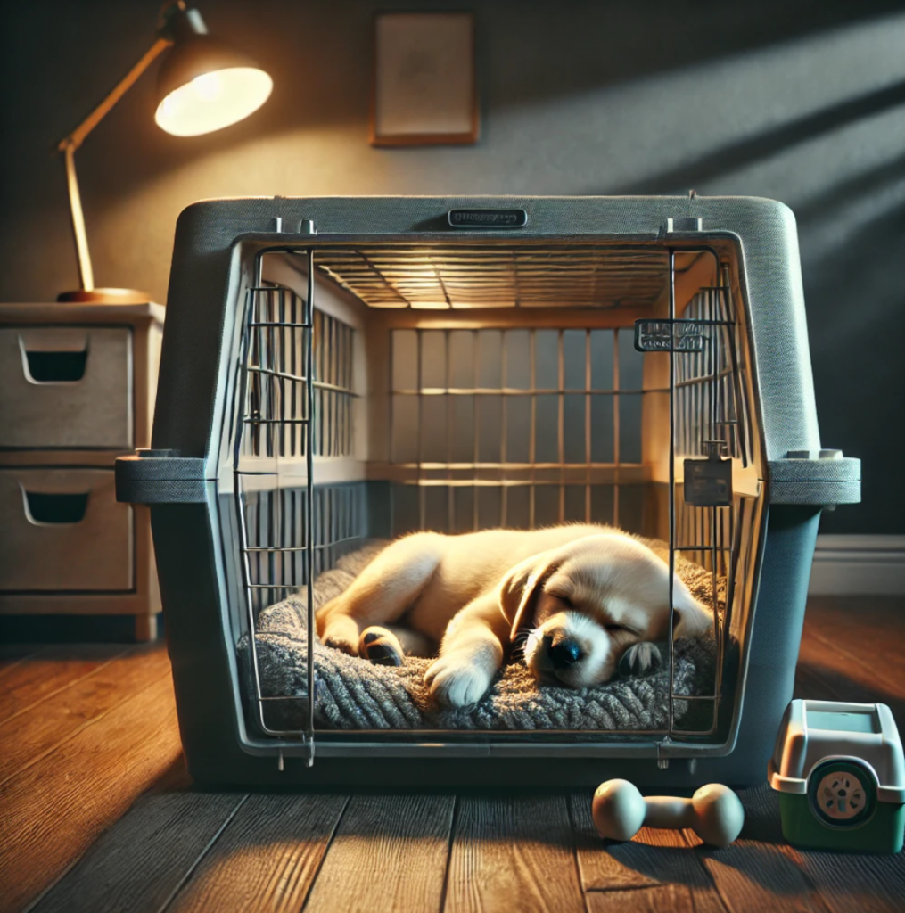 a puppy sleeping after succeful training Puppy sleeping in crate during night-time potty training
