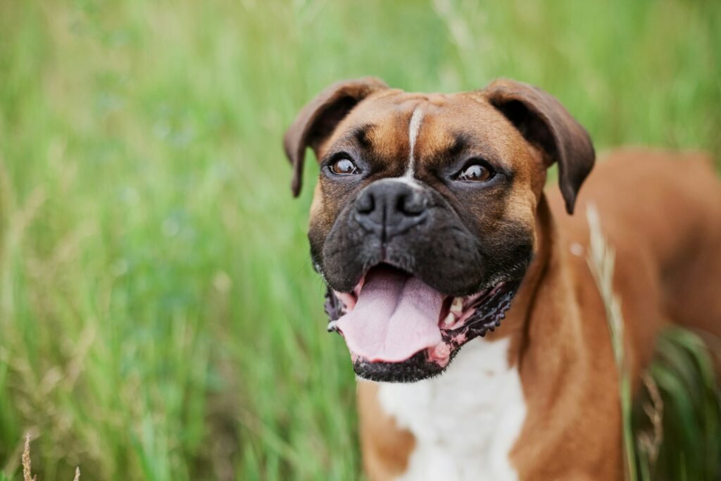 boxer dog boxer dog in grass, standing with his toungue out
