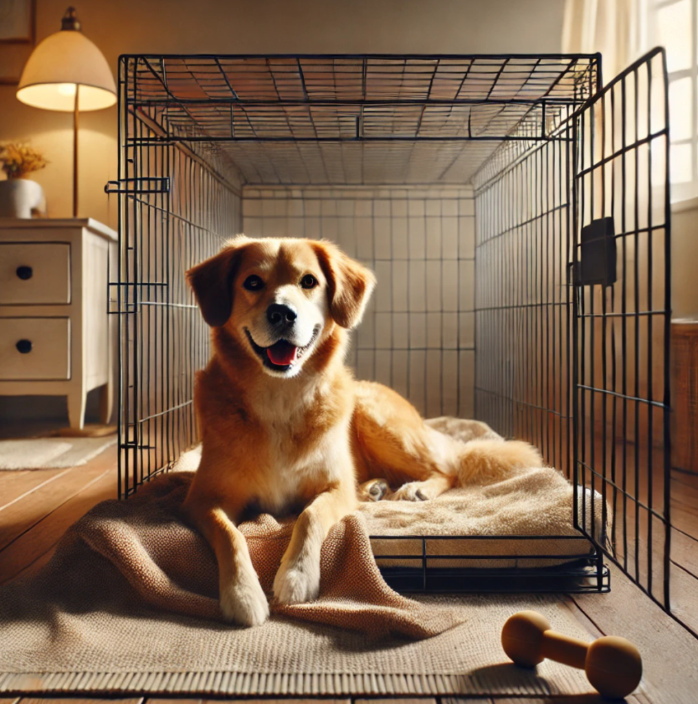 happy dog in crate Comfortable dog enjoying its crate