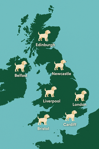 UK map with dog rescue center locations marked by region