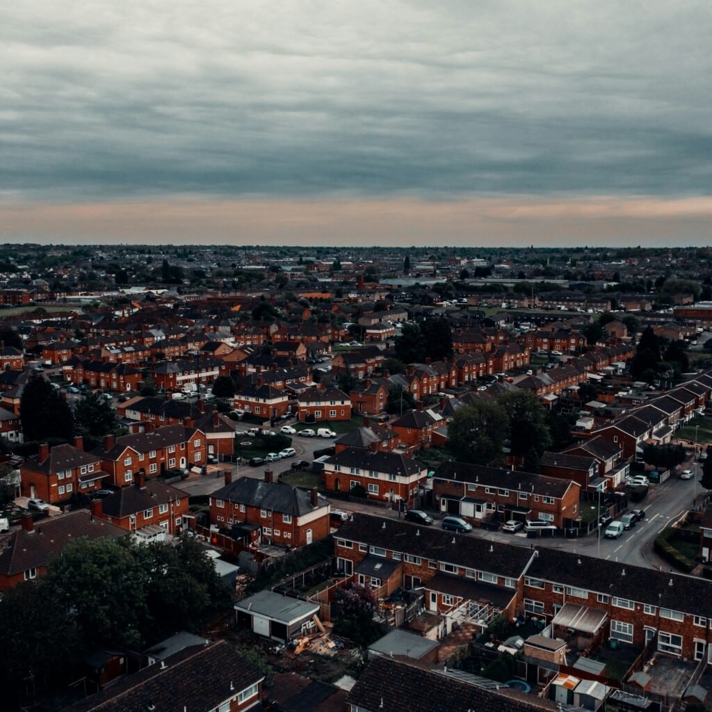 Aerial view of Leicester city buildings