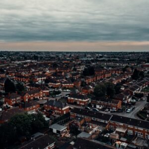 Aerial view of Leicester city buildings