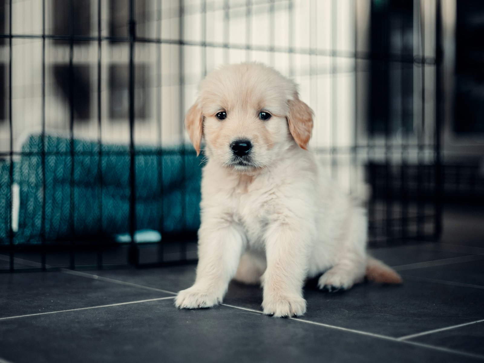 Yellow Labrador puppy exploring the floor of a family home