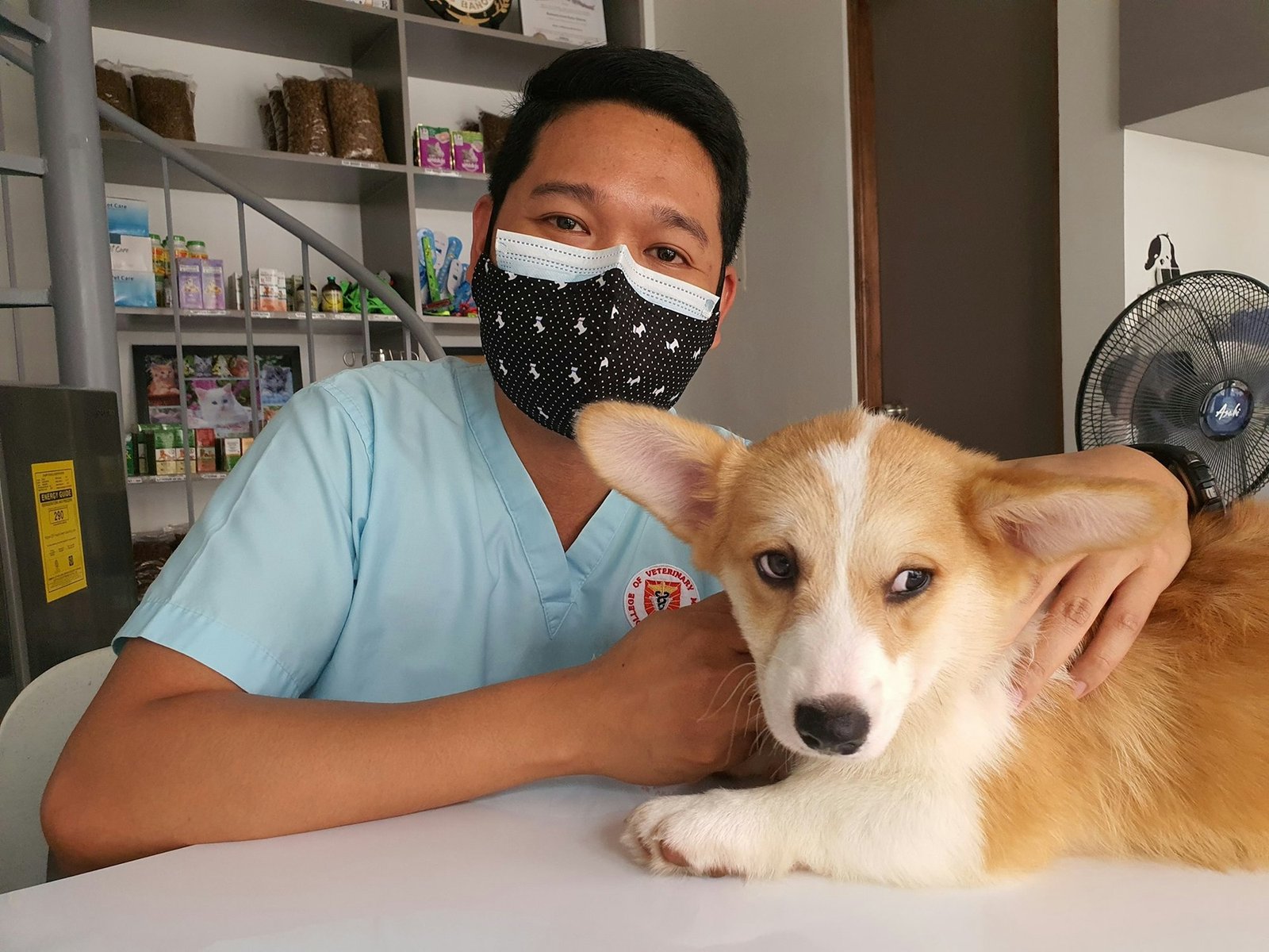 Dog owner sitting with their dog during a vet consultation