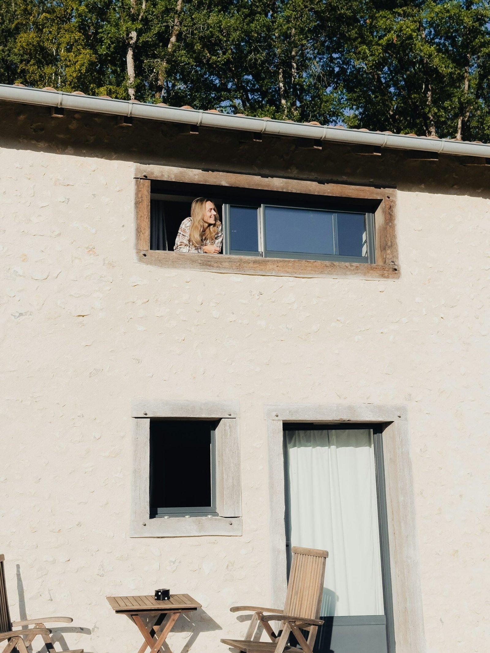 Dog looking out of a window in France