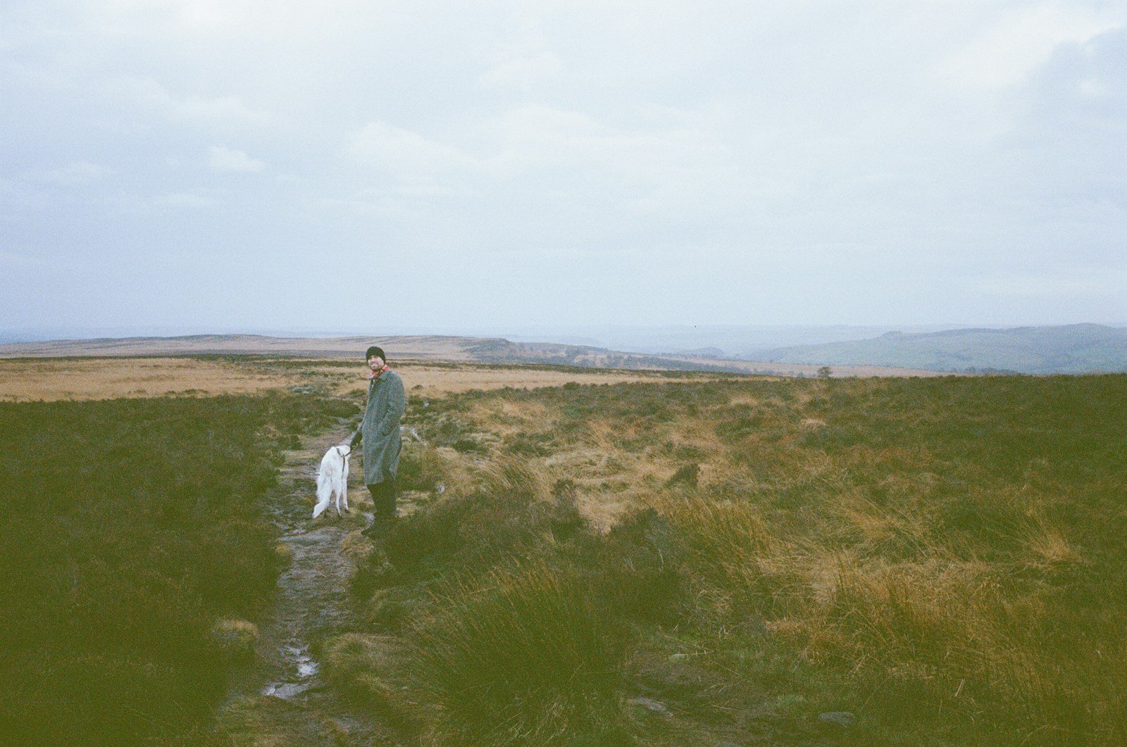 Person and dog on a muddy path across grassland