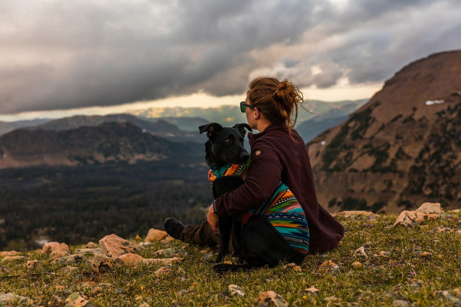 Woman sitting beside a black dog on a hillside