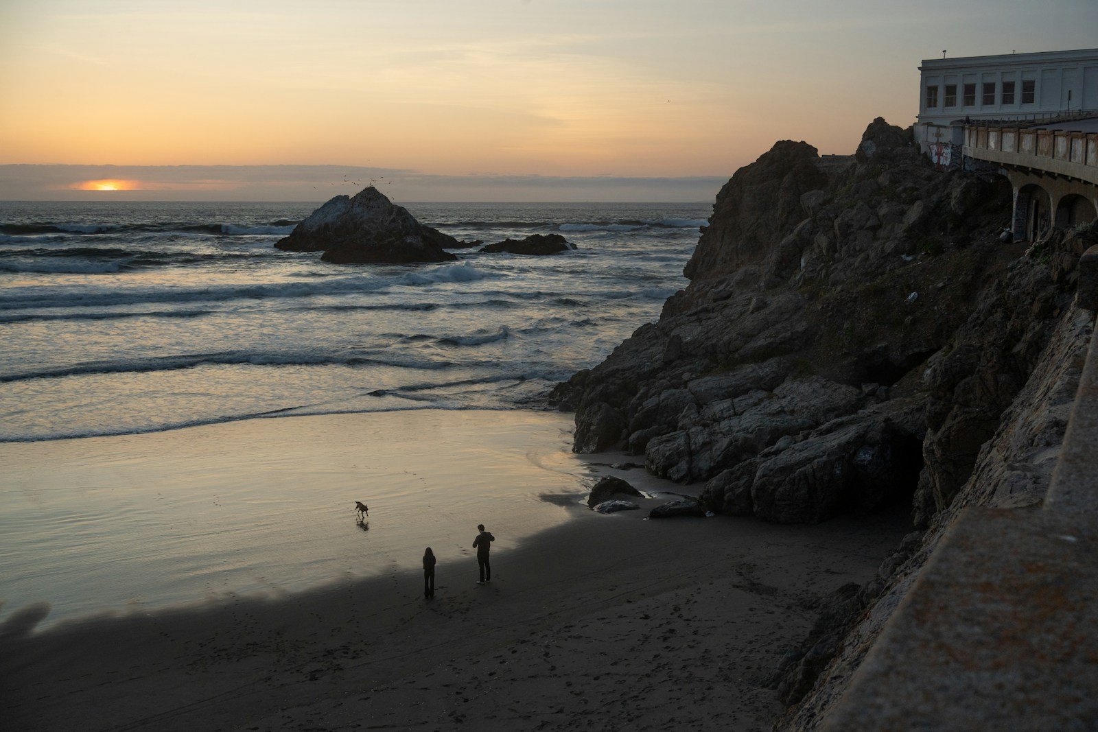 People and a dog on a sandy beach below rocky cliffs